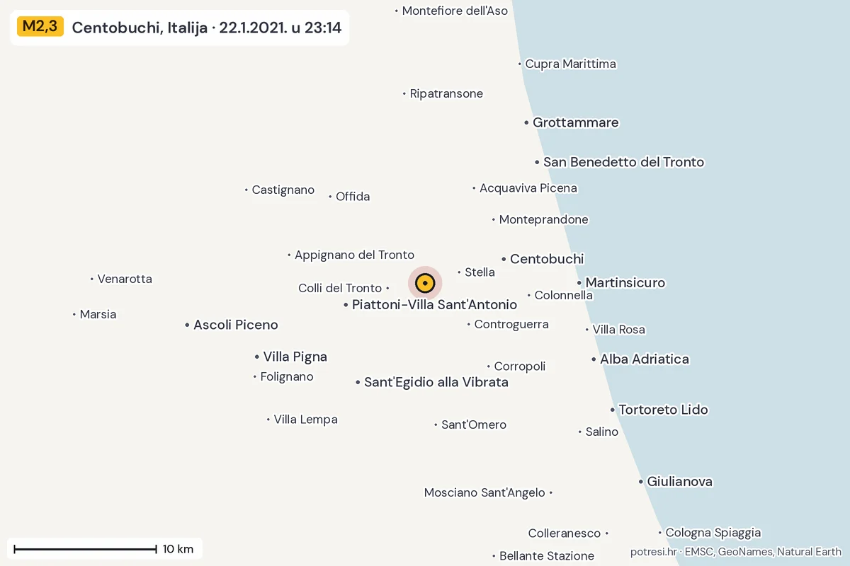 Karta: okolica epicentra, 60 km, potres M2,3, Centobuchi, Italija, 22.1.2021.