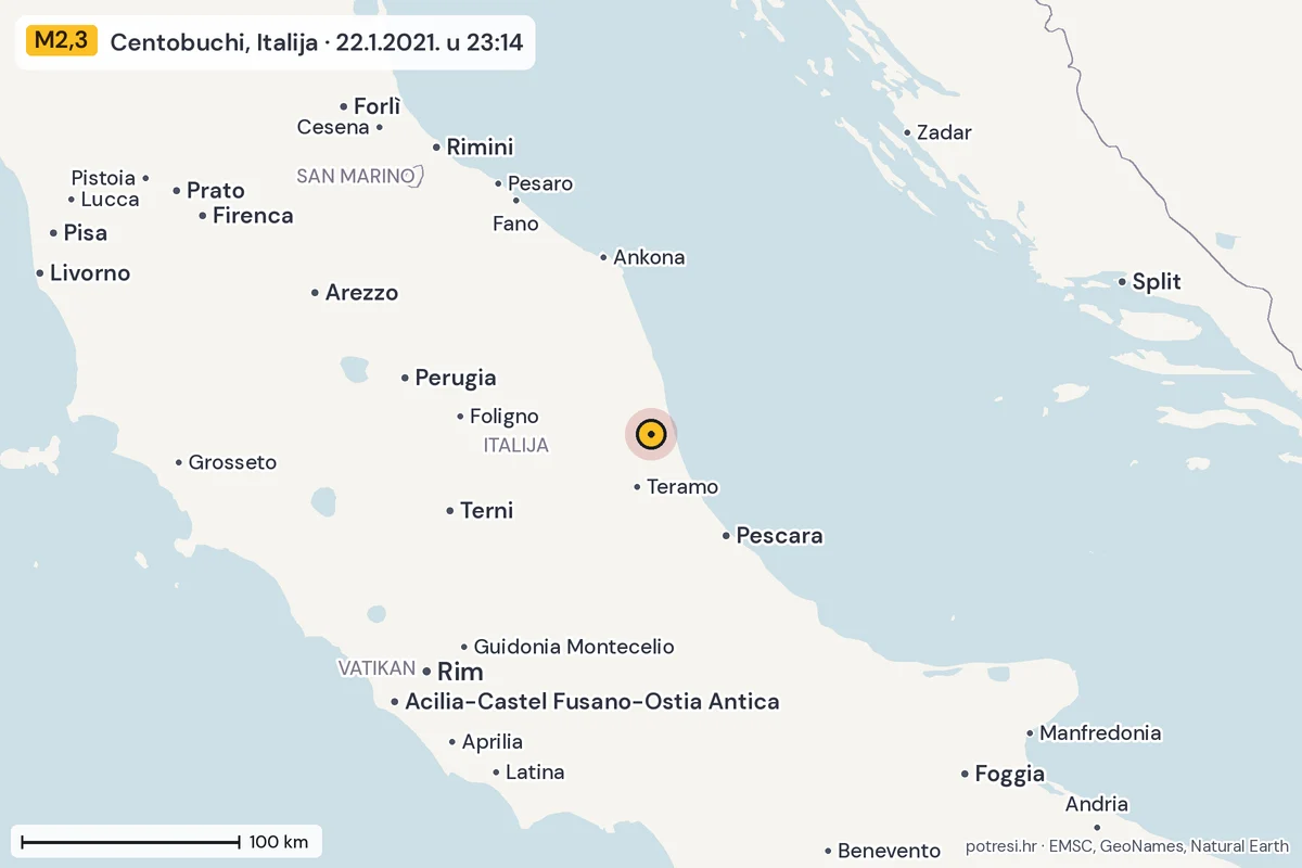 Karta: šire područje, 600 km, potres M2,3, Centobuchi, Italija, 22.1.2021.