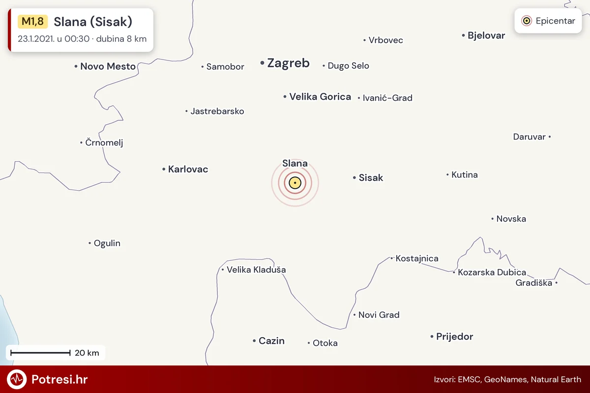 Karta: šire područje i vjerojatni doseg osjeta, potres M1,8, Slana (Sisak), 23.1.2021.