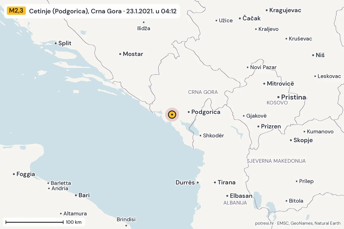 Karta: šire područje, 600 km, potres M2,3, Cetinje (Podgorica), Crna Gora, 23.1.2021.
