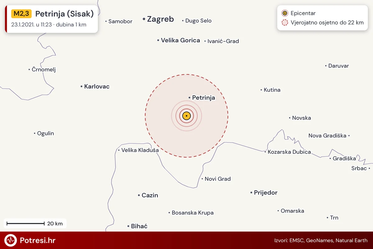 Karta: šire područje i vjerojatni doseg osjeta, potres M2,3, Petrinja (Sisak), 23.1.2021.
