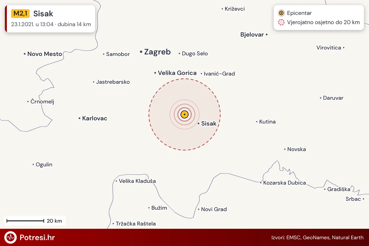 Karta: šire područje i vjerojatni doseg osjeta, potres M2,1, Sisak, 23.1.2021.