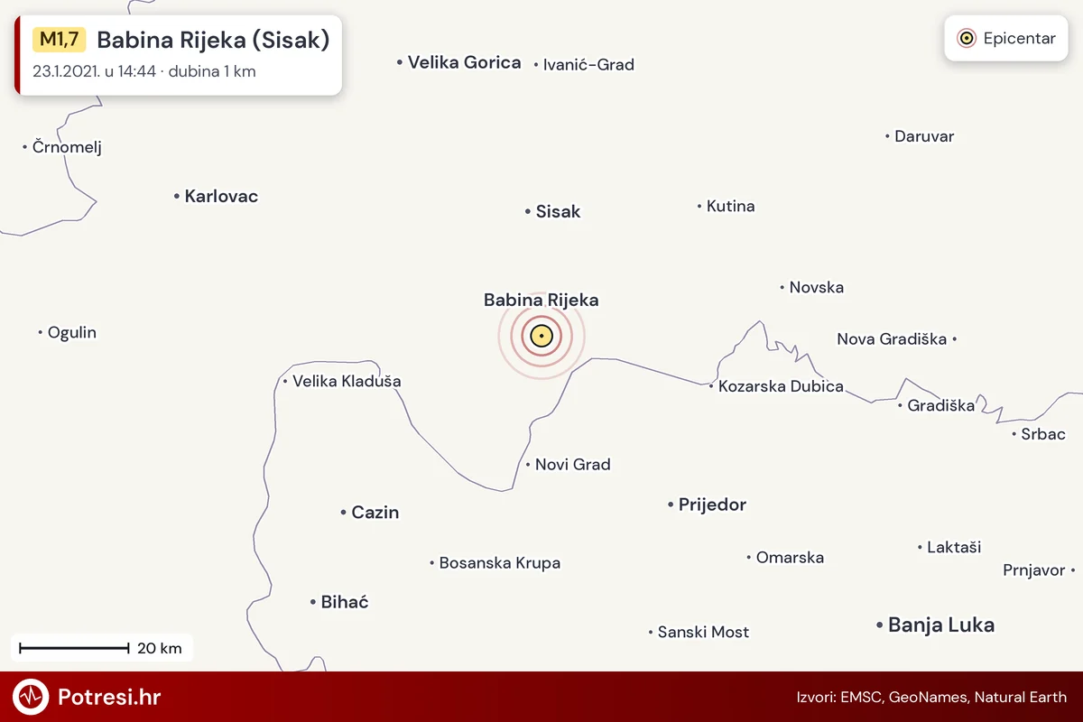 Karta: šire područje i vjerojatni doseg osjeta, potres M1,7, Babina Rijeka (Sisak), 23.1.2021.