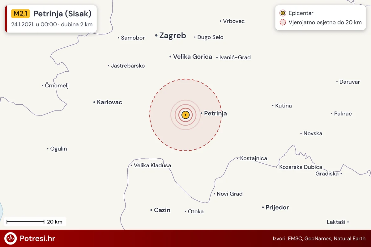 Karta: šire područje i vjerojatni doseg osjeta, potres M2,1, Petrinja (Sisak), 24.1.2021.