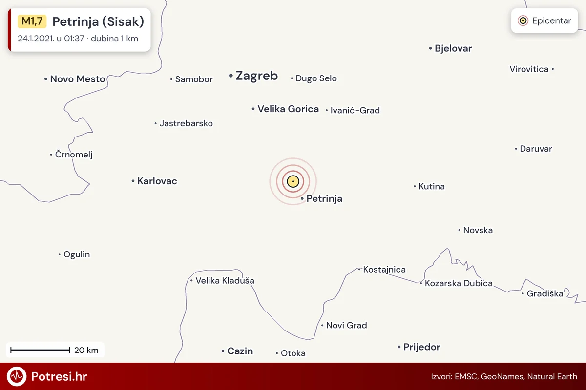 Karta: šire područje i vjerojatni doseg osjeta, potres M1,7, Petrinja (Sisak), 24.1.2021.