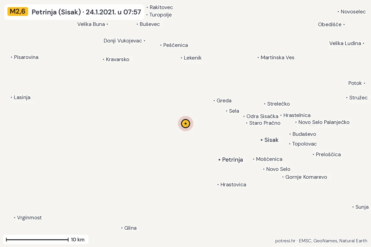 Karta: okolica epicentra, 60 km, potres M2,6, Petrinja (Sisak), 24.1.2021.