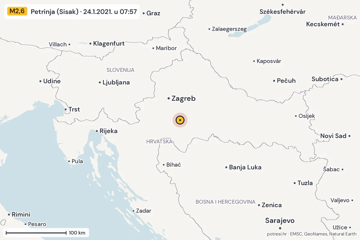 Karta: šire područje, 600 km, potres M2,6, Petrinja (Sisak), 24.1.2021.