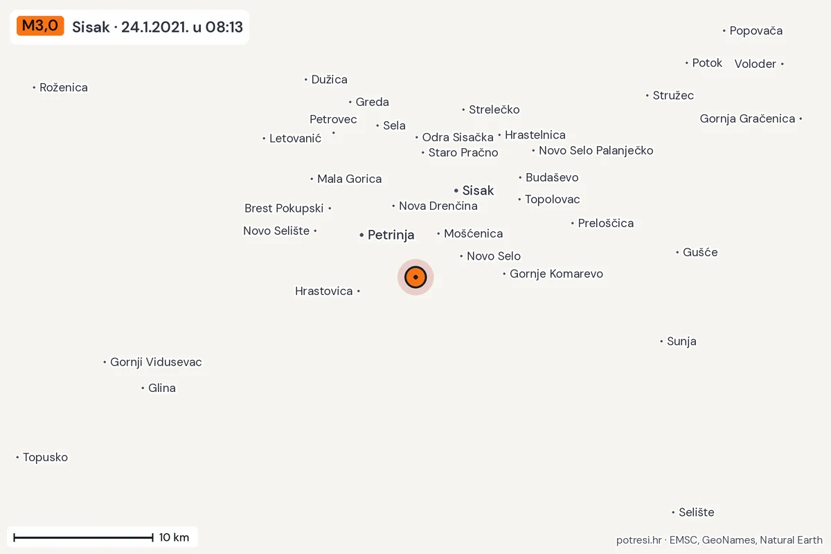 Karta: okolica epicentra, 60 km, potres M3,0, Sisak, 24.1.2021.