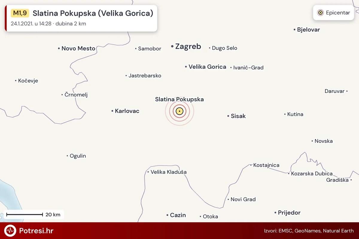Karta: šire područje i vjerojatni doseg osjeta, potres M1,9, Slatina Pokupska (Velika Gorica), 24.1.2021.