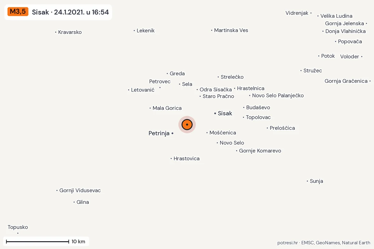 Karta: okolica epicentra, 60 km, potres M3,5, Sisak, 24.1.2021.