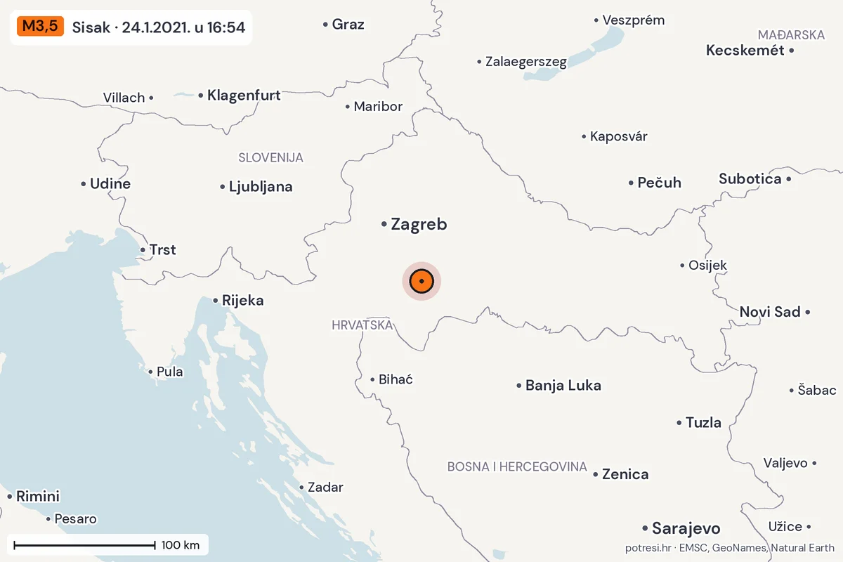 Karta: šire područje, 600 km, potres M3,5, Sisak, 24.1.2021.