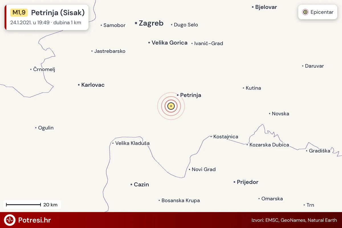 Karta: šire područje i vjerojatni doseg osjeta, potres M1,9, Petrinja (Sisak), 24.1.2021.