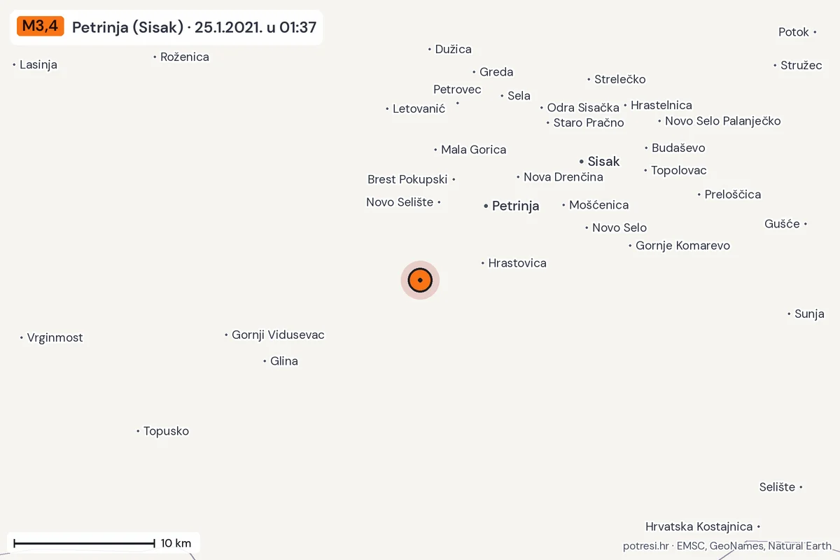 Karta: okolica epicentra, 60 km, potres M3,4, Petrinja (Sisak), 25.1.2021.