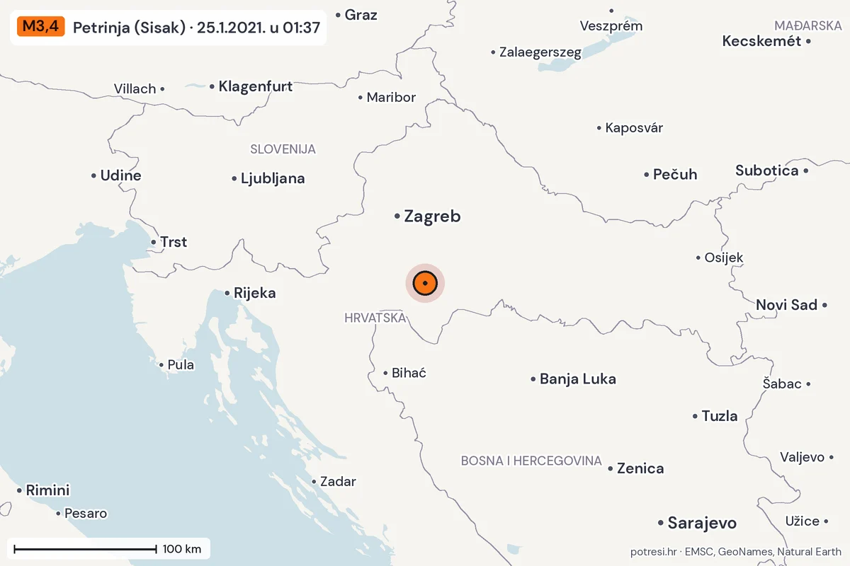 Karta: šire područje, 600 km, potres M3,4, Petrinja (Sisak), 25.1.2021.