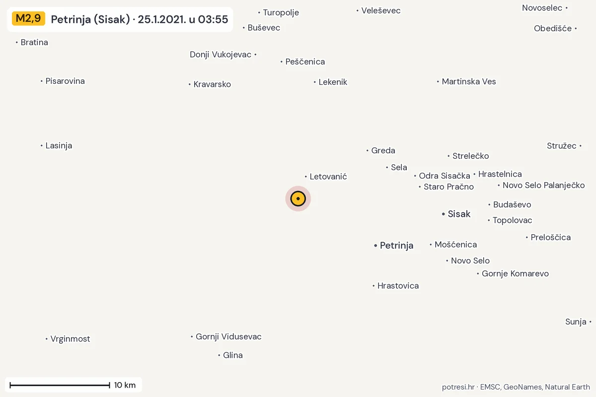 Karta: okolica epicentra, 60 km, potres M2,9, Petrinja (Sisak), 25.1.2021.