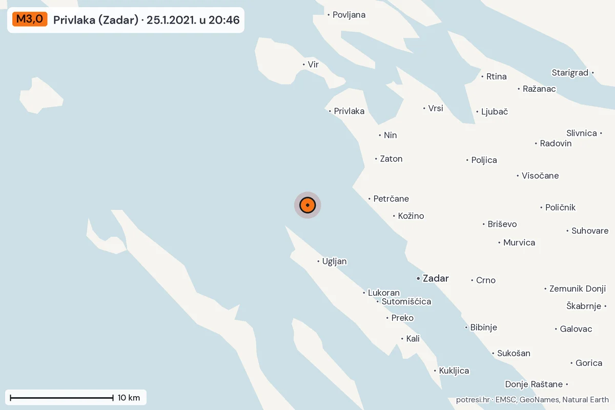 Karta: okolica epicentra, 60 km, potres M3,0, Privlaka (Zadar), 25.1.2021.