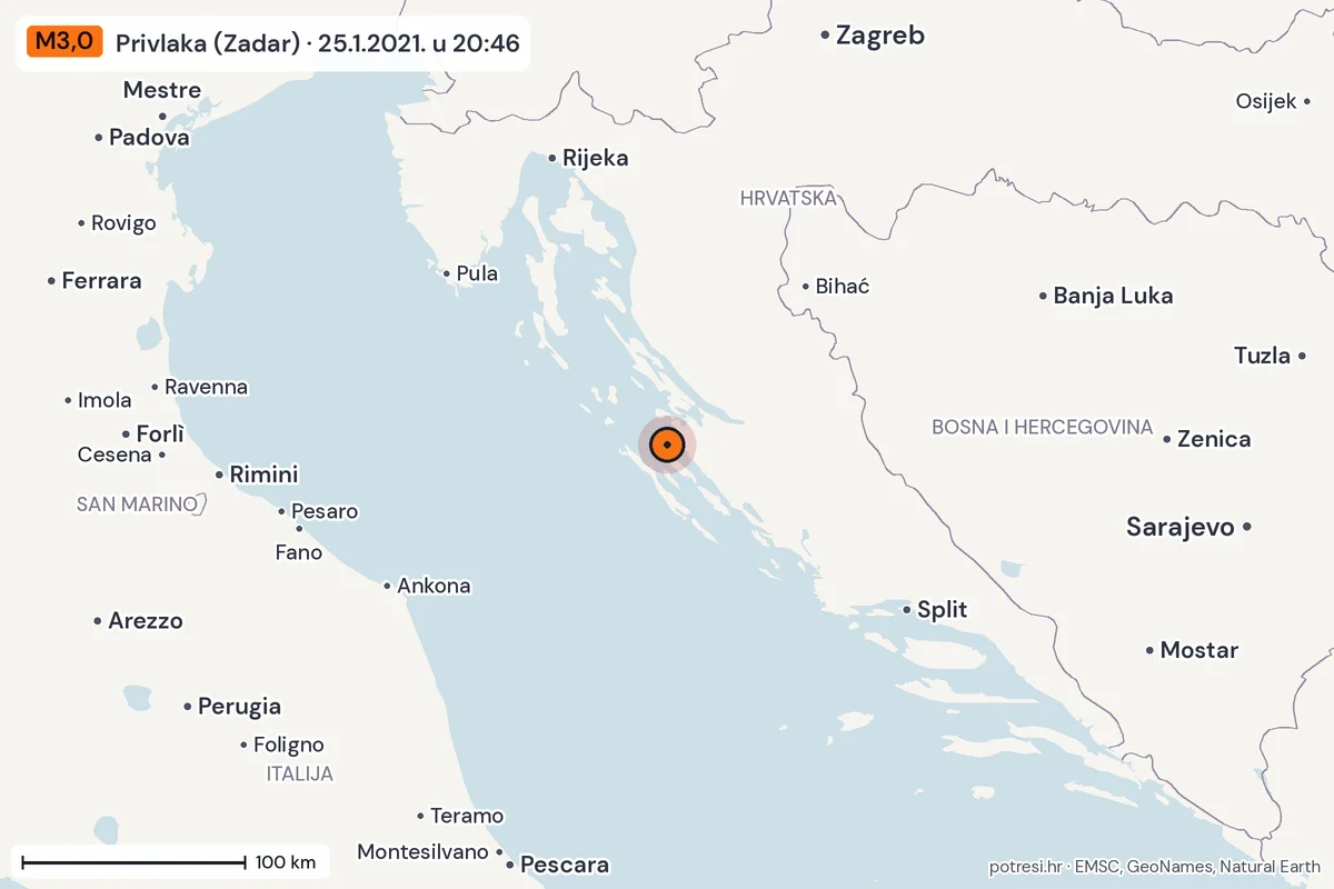Karta: šire područje, 600 km, potres M3,0, Privlaka (Zadar), 25.1.2021.