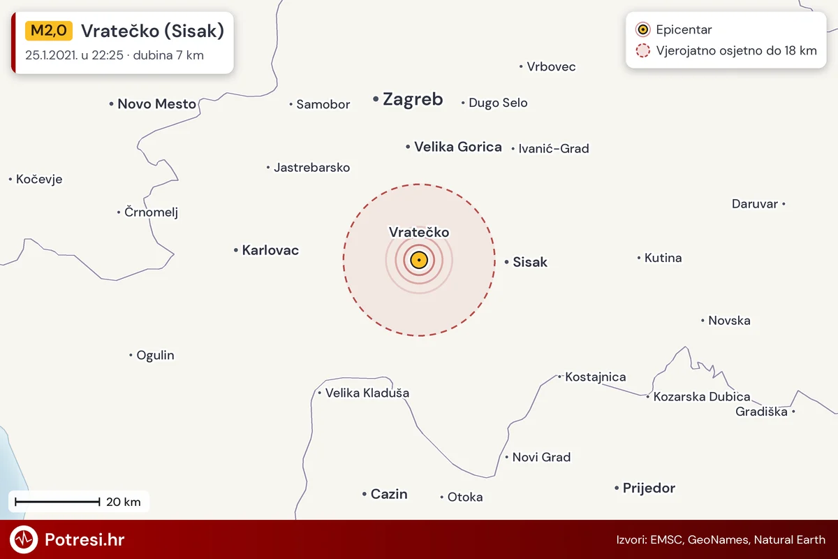 Karta: šire područje i vjerojatni doseg osjeta, potres M2,0, Vratečko (Sisak), 25.1.2021.