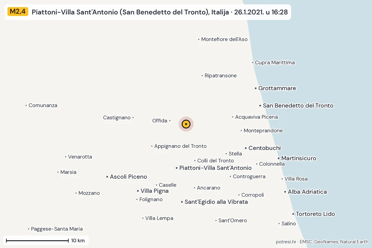 Karta: okolica epicentra, 60 km, potres M2,4, Piattoni-Villa Sant'Antonio (San Benedetto del Tronto), Italija, 26.1.2021.