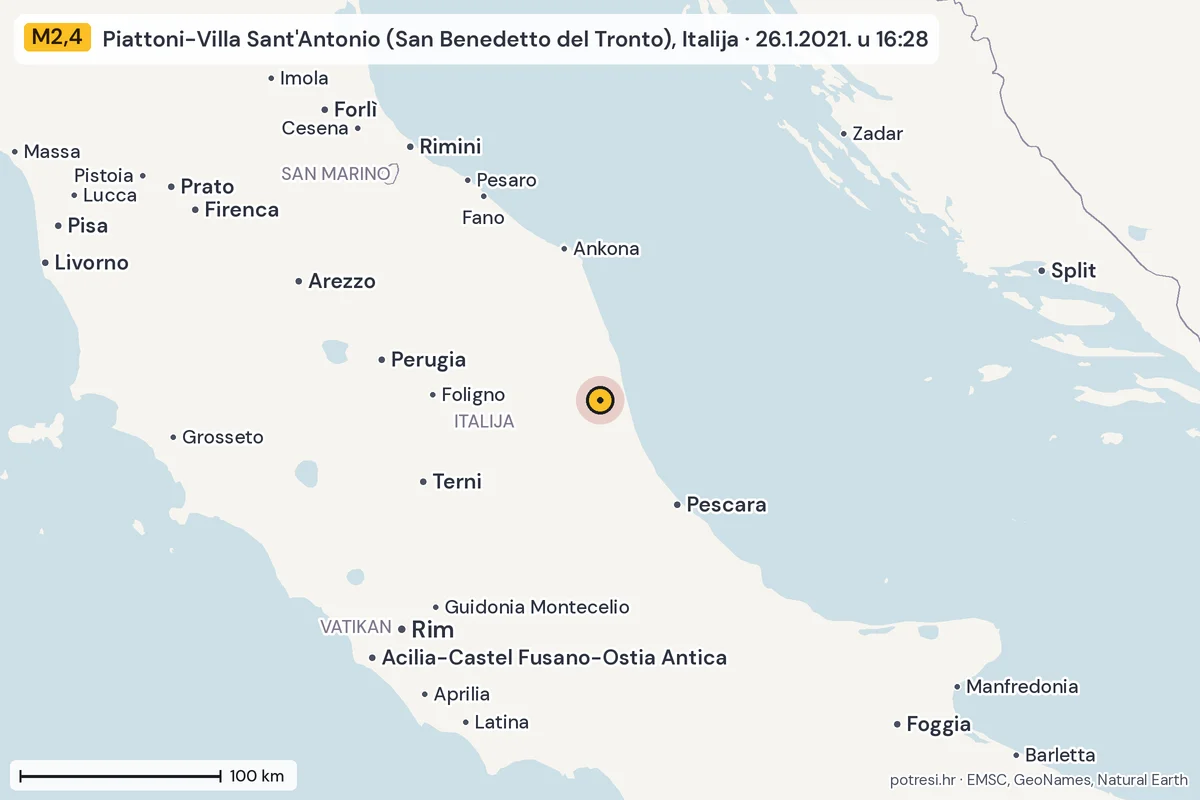 Karta: šire područje, 600 km, potres M2,4, Piattoni-Villa Sant'Antonio (San Benedetto del Tronto), Italija, 26.1.2021.