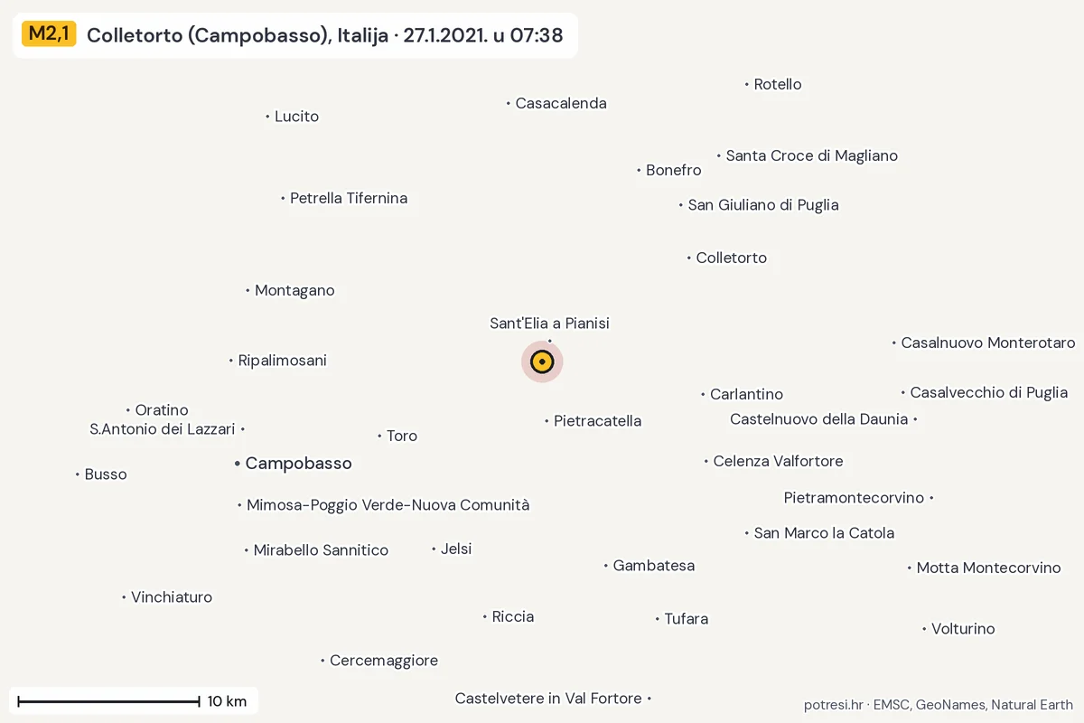 Karta: okolica epicentra, 60 km, potres M2,1, Colletorto (Campobasso), Italija, 27.1.2021.