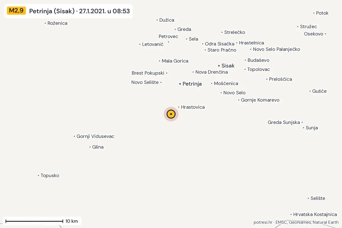 Karta: okolica epicentra, 60 km, potres M2,9, Petrinja (Sisak), 27.1.2021.