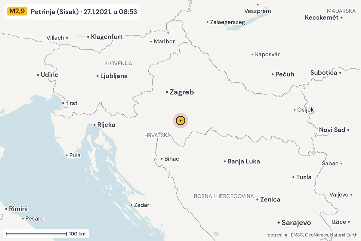 Karta: šire područje, 600 km, potres M2,9, Petrinja (Sisak), 27.1.2021.