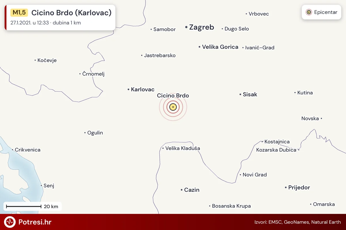 Karta: šire područje i vjerojatni doseg osjeta, potres M1,5, Cicino Brdo (Karlovac), 27.1.2021.