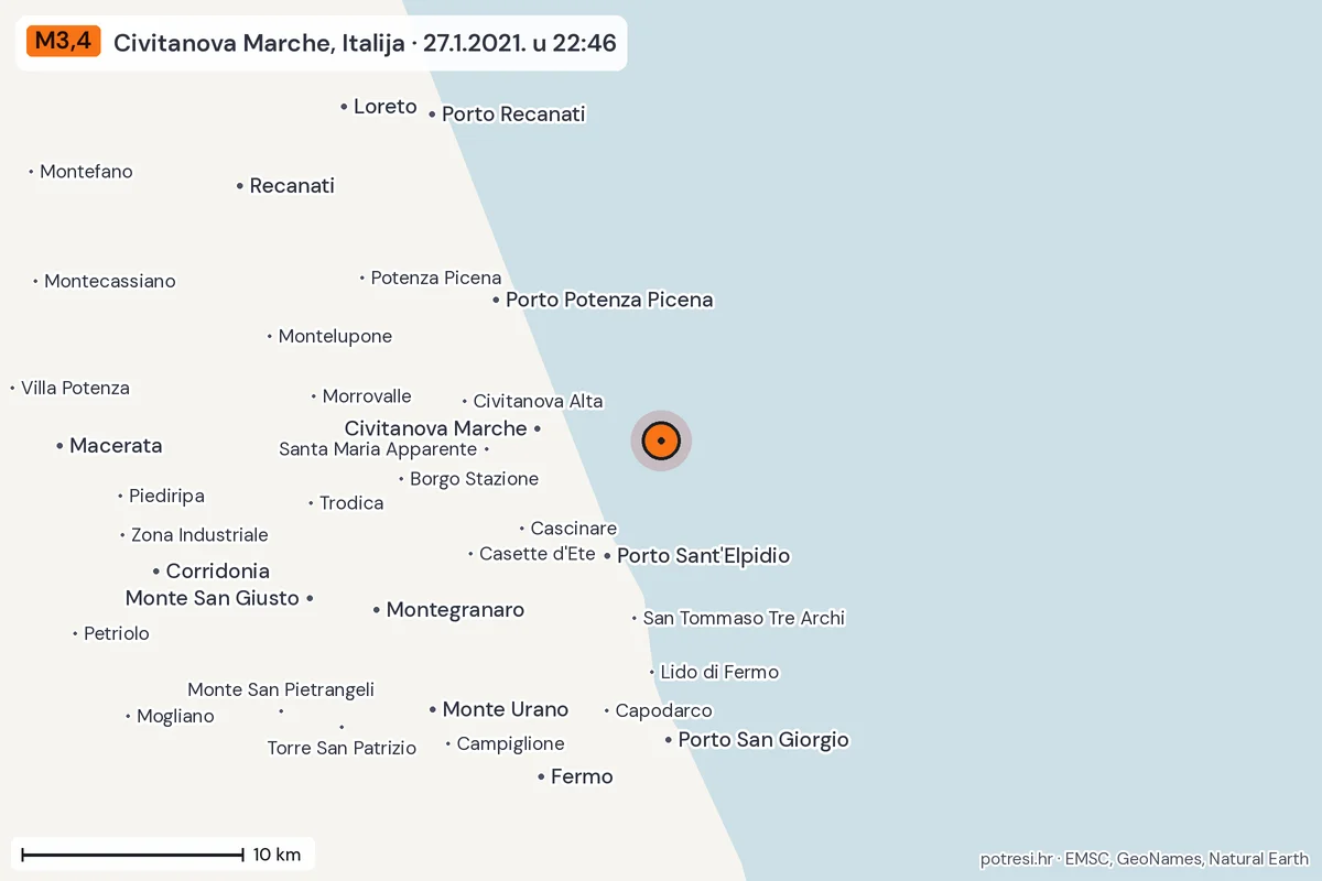 Karta: okolica epicentra, 60 km, potres M3,4, Civitanova Marche, Italija, 27.1.2021.