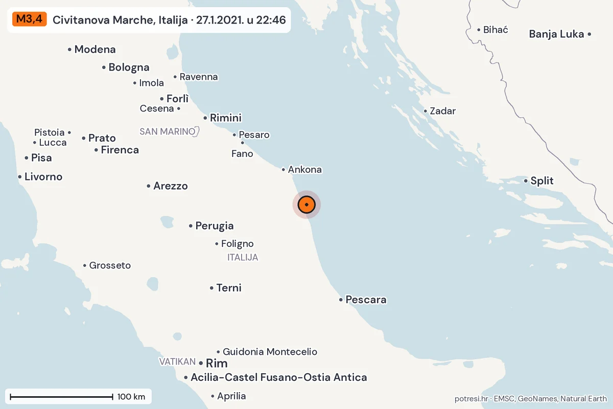 Karta: šire područje, 600 km, potres M3,4, Civitanova Marche, Italija, 27.1.2021.