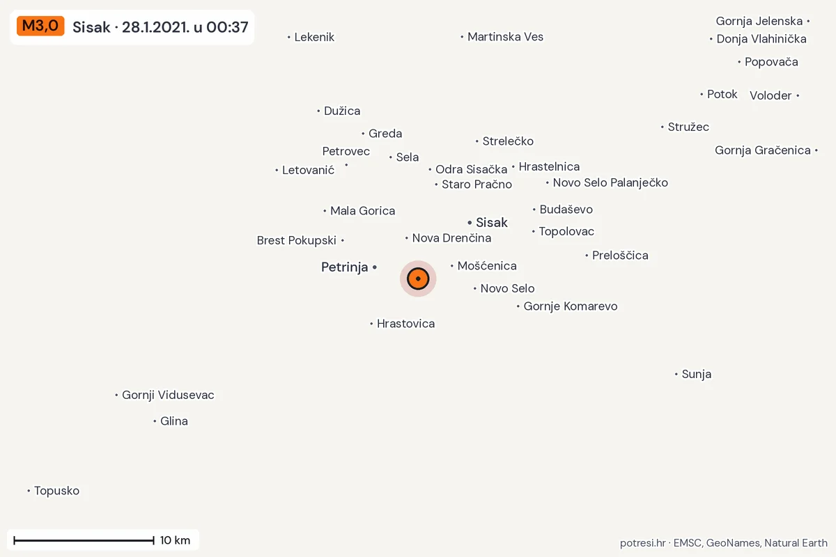 Karta: okolica epicentra, 60 km, potres M3,0, Sisak, 28.1.2021.