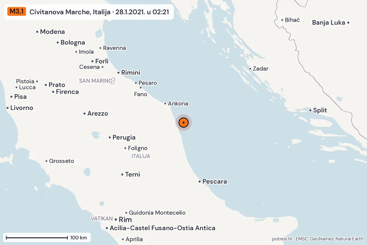 Karta: šire područje, 600 km, potres M3,1, Civitanova Marche, Italija, 28.1.2021.