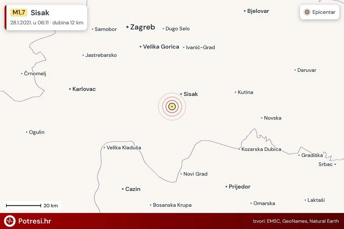 Karta: šire područje i vjerojatni doseg osjeta, potres M1,7, Sisak, 28.1.2021.