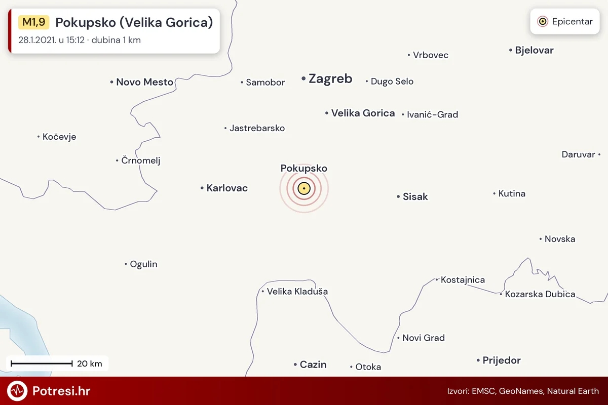Karta: šire područje i vjerojatni doseg osjeta, potres M1,9, Pokupsko (Velika Gorica), 28.1.2021.