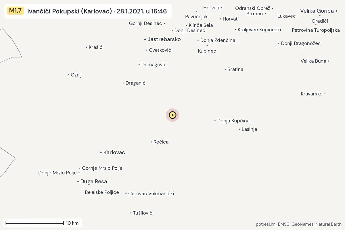 Karta: okolica epicentra, 60 km, potres M1,7, Ivančići Pokupski (Karlovac), 28.1.2021.