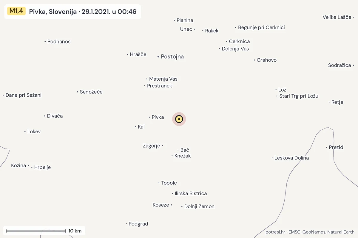 Karta: okolica epicentra, 60 km, potres M1,4, Pivka, Slovenija, 29.1.2021.