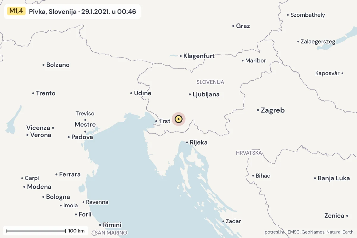 Karta: šire područje, 600 km, potres M1,4, Pivka, Slovenija, 29.1.2021.