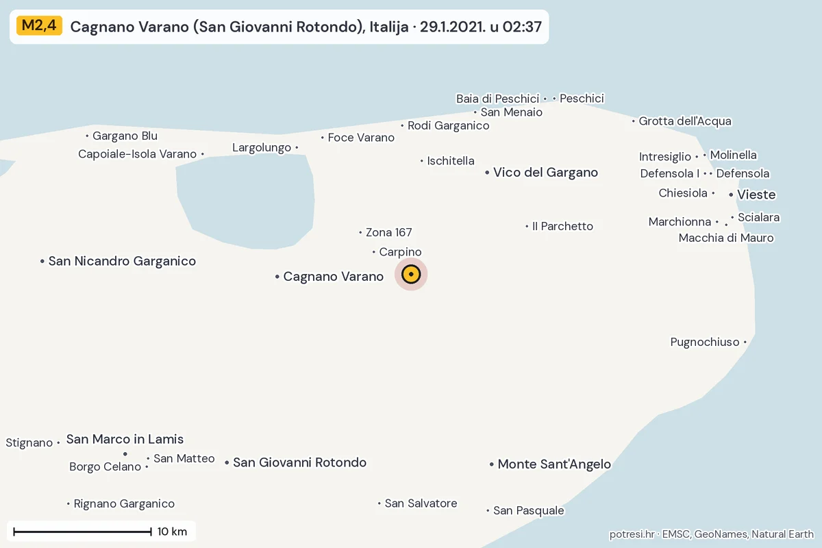 Karta: okolica epicentra, 60 km, potres M2,4, Cagnano Varano (San Giovanni Rotondo), Italija, 29.1.2021.