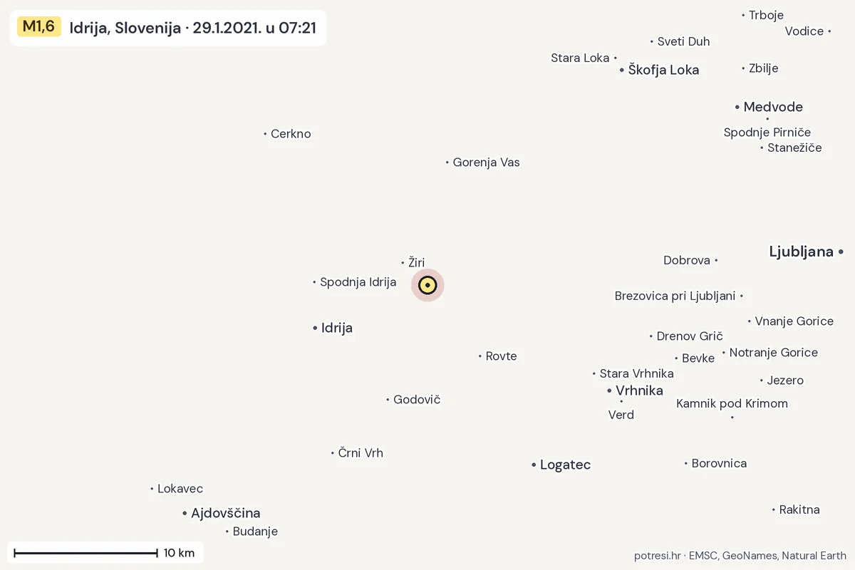 Karta: okolica epicentra, 60 km, potres M1,6, Idrija, Slovenija, 29.1.2021.