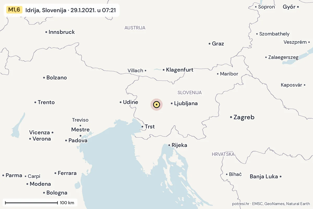 Karta: šire područje, 600 km, potres M1,6, Idrija, Slovenija, 29.1.2021.