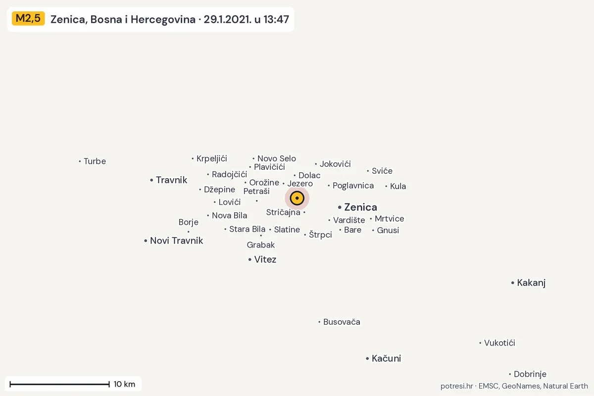 Karta: okolica epicentra, 60 km, potres M2,5, Zenica, Bosna i Hercegovina, 29.1.2021.