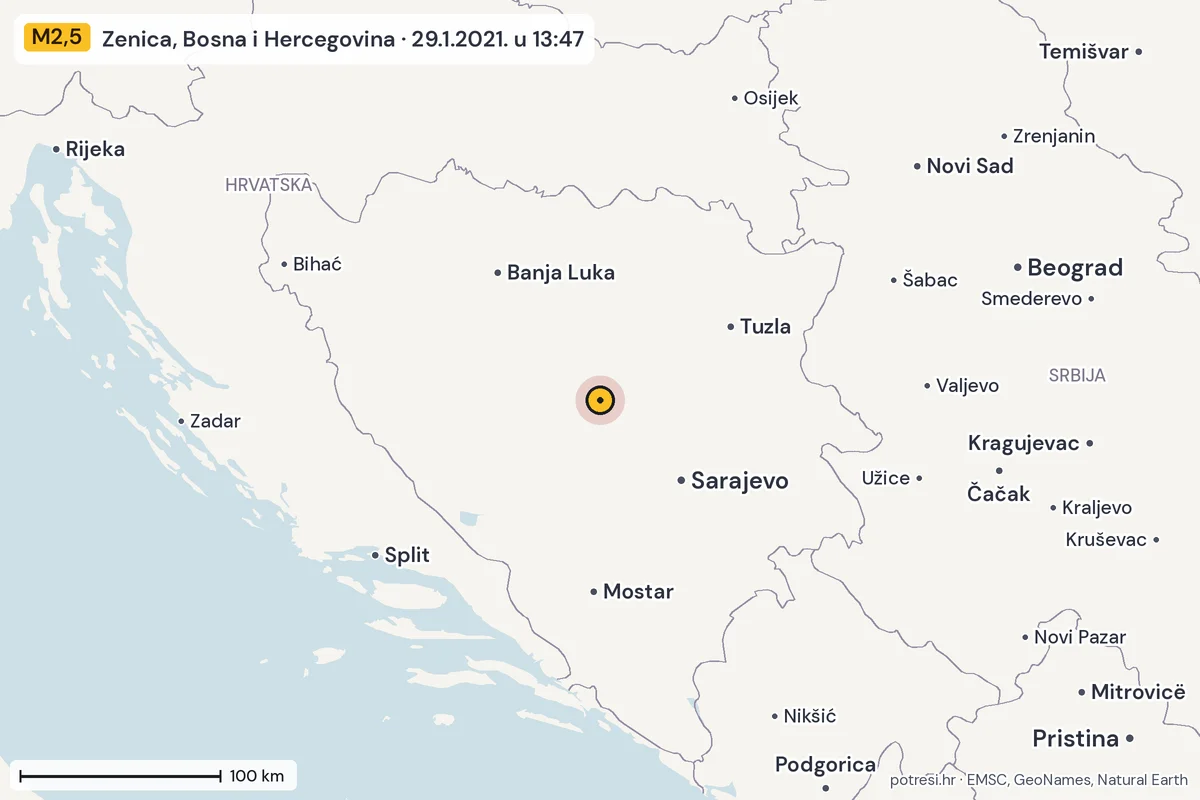 Karta: šire područje, 600 km, potres M2,5, Zenica, Bosna i Hercegovina, 29.1.2021.