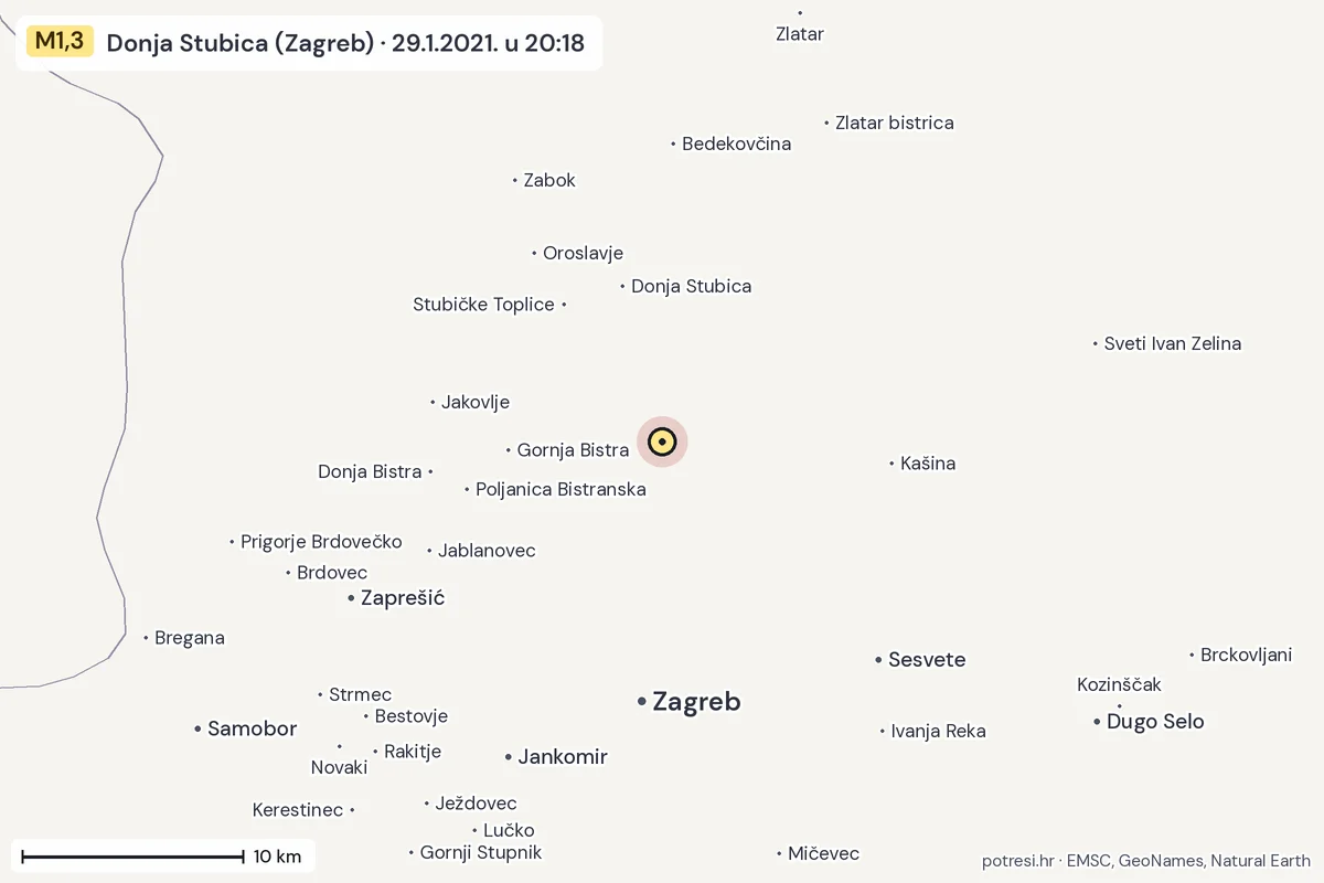 Karta: okolica epicentra, 60 km, potres M1,3, Donja Stubica (Zagreb), 29.1.2021.
