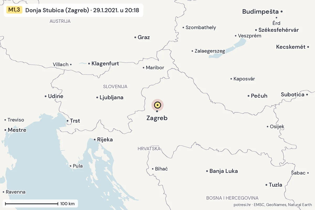 Karta: šire područje, 600 km, potres M1,3, Donja Stubica (Zagreb), 29.1.2021.