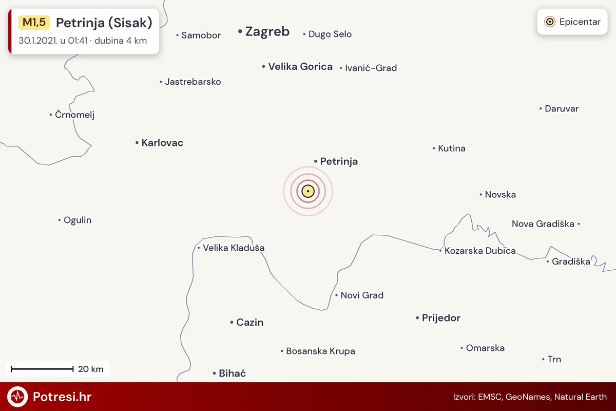 Karta: šire područje i vjerojatni doseg osjeta, potres M1,5, Petrinja (Sisak), 30.1.2021.