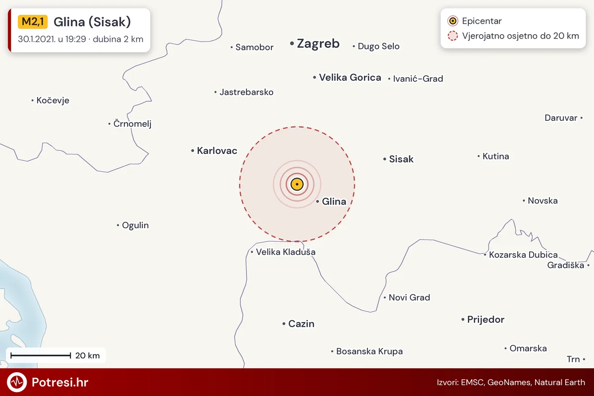 Karta: šire područje i vjerojatni doseg osjeta, potres M2,1, Glina (Sisak), 30.1.2021.