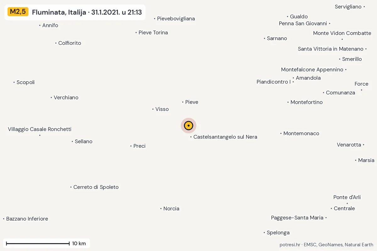 Karta: okolica epicentra, 60 km, potres M2,5, Fluminata, Italija, 31.1.2021.