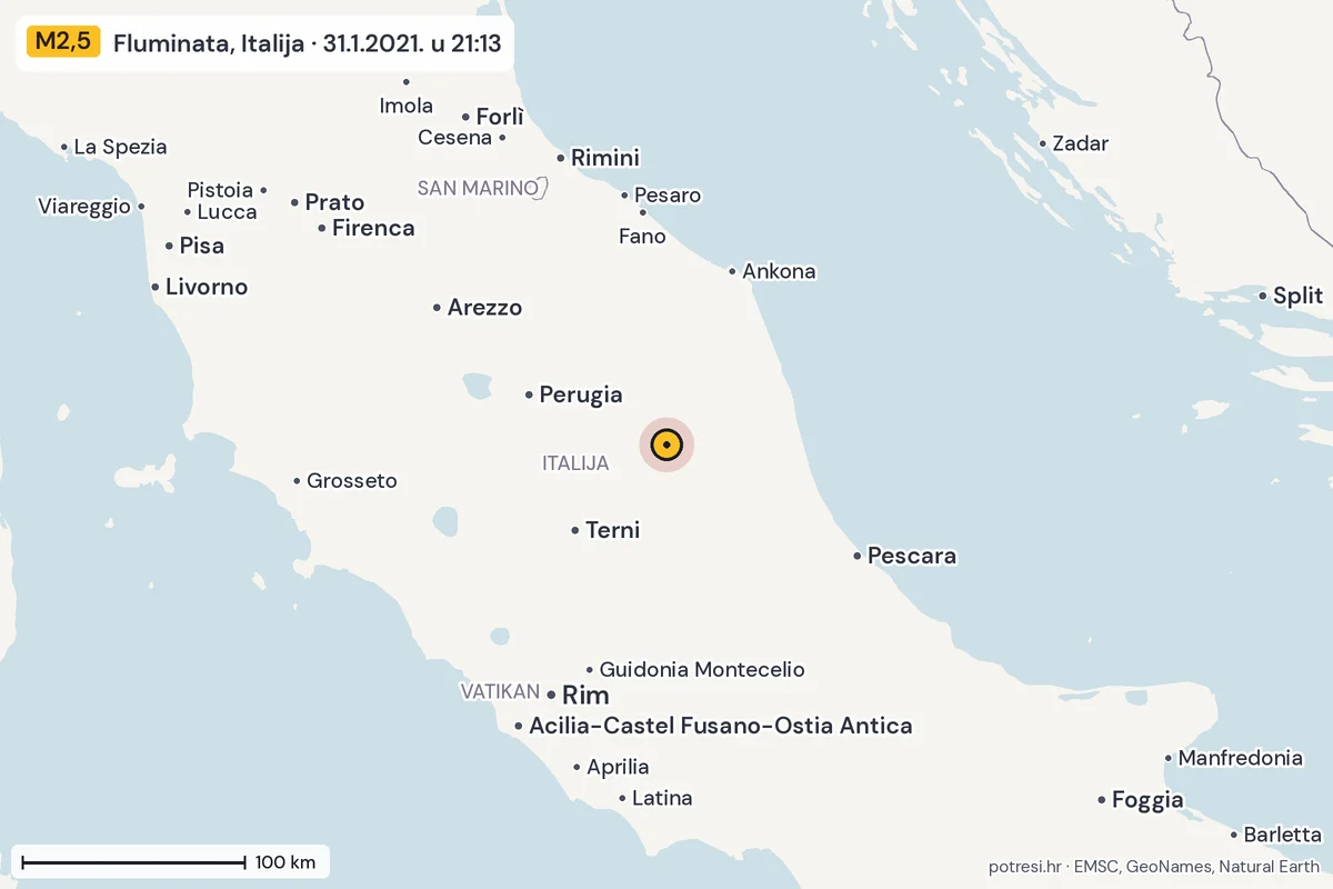 Karta: šire područje, 600 km, potres M2,5, Fluminata, Italija, 31.1.2021.
