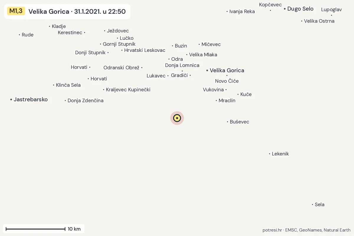 Karta: okolica epicentra, 60 km, potres M1,3, Velika Gorica, 31.1.2021.