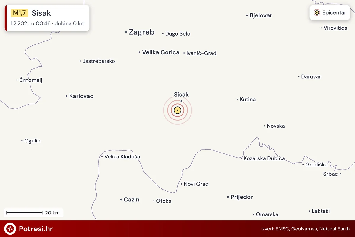 Karta: šire područje i vjerojatni doseg osjeta, potres M1,7, Sisak, 1.2.2021.